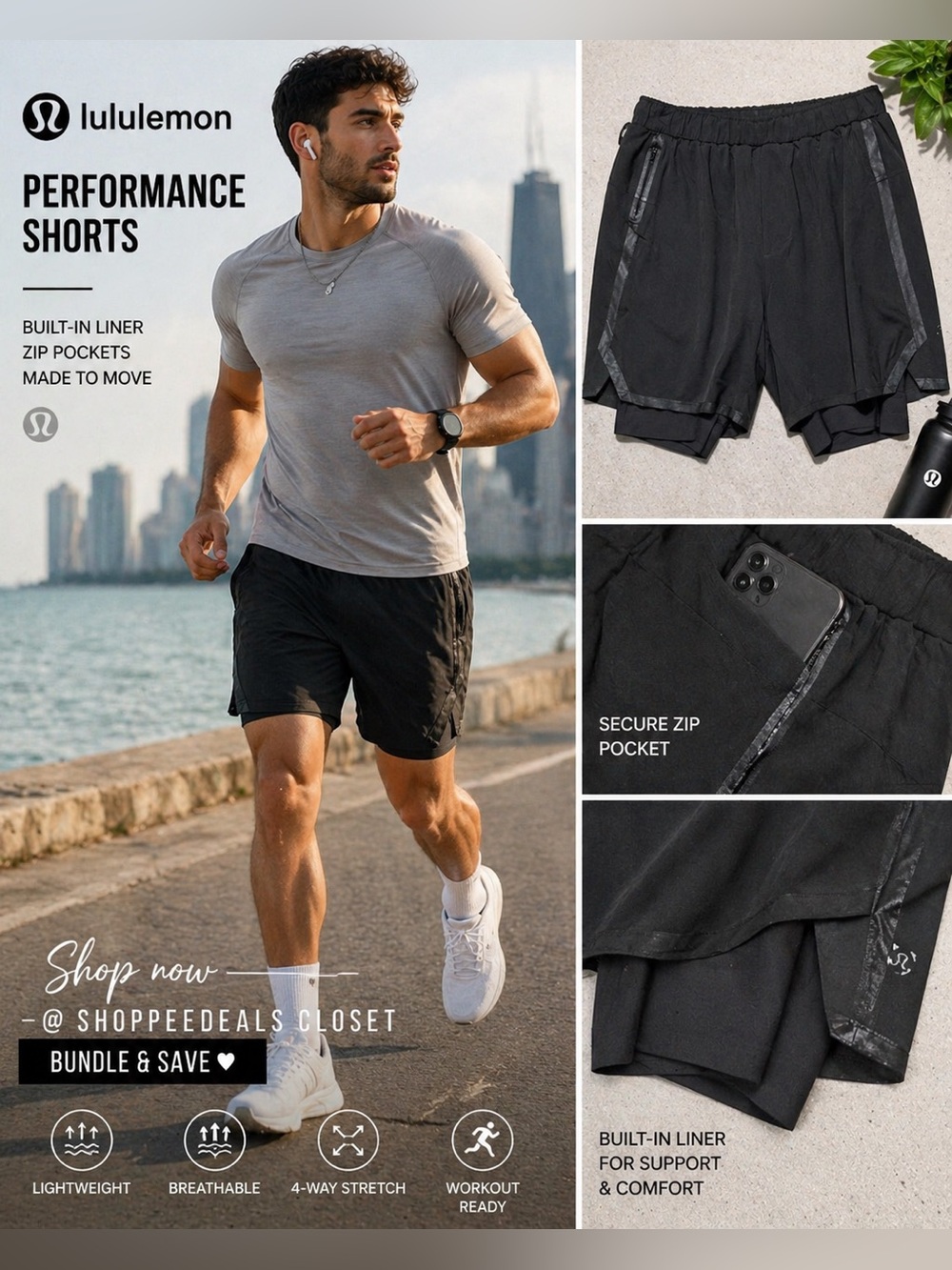Lululemon Black Athletic Shorts Built-In Liner Zip Pocket Size M